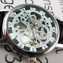 Silver on Silver See-Thru Mechanical Skeletal Wrist Watch with Black Leather-like Band A-75