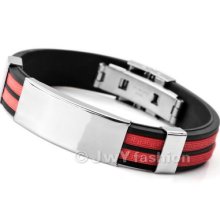 Silver Stainless Steel Bracelet Bangle Cuff Men Red Greek Black Rubber Xb0053