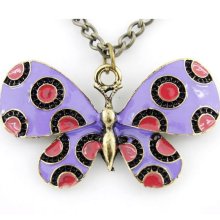 Simple Gold-tone Purple Butterfly with Red Dots Pendant Necklace