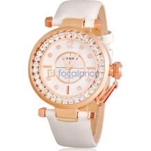 SINOBI Women's Jeweled Analog Watch with Faux Leather Strap (White)