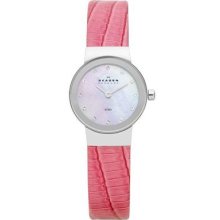 Skagen Denmark Womens Watch Silver Round Glitz Pink Leather Band 358xsslpea1