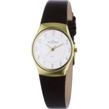 Skagen Denmark Womens White Dial Gold Tone Stainless Steel Case Brown Watch