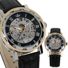 Skeleton Steel Roma Number Black Leather Men Gift Hand-winding Mechanical Watch
