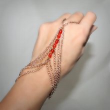Slave bracelet, bracelet ring, ring bracelet, slave ring adjustable, red agathe and gold plated chain (m1o)