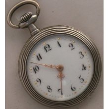 Small Pocket Watch Open Face Silver Carved Case 30 Mm. In Diameter Enamel Dial