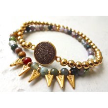 Sparkly Chocolate Druzy and Embossed Gold Spike Bracelet Duo.