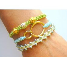 Stacking Bracelet Set with Gold Metal Connector and Gold Silver Zinc Beads - Three Macrame Bracelets