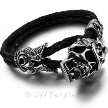 Stainless Steel Bangle Bracelet Wrist Chain Men Silver Skull Leather Us39b0176-2