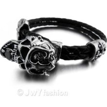 Stainless Steel Bangle Bracelet Wrist Chain Men Silver Skull Leather Xb0176-2