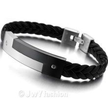 Stainless Steel Bangle Bracelet Wrist Chain Men Silver Black Leather Xb0169