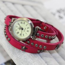 Star Rivet Weave Wrap Around Leather Retro Bracelet Woman Wrist Watch 2color