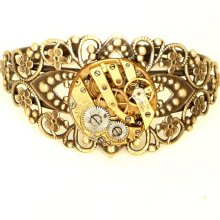 Steampunk Antiqued Brass Filigree Cuff Bracelet with Vintage Gold Brass Watch by Velvet Mechanism