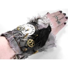 Steampunk Cuff Wrist Cuff 3D CAGeD Black RAVEN Watch Dial Gears Leather Adjustable Gothic Halloween Wedding Steampunk Clothing by edmdesigns