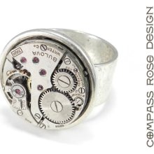 Steampunk Ring Vintage Mechanical Swiss Watch Movement Ring Bezel Set Unisex Antique Silver Ring with Ruby Jewel Bearings