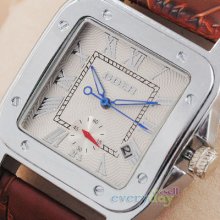 Steel Square Self Wind Mechanical Mens Wristwatch Date Display Brown Pu Band