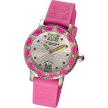 Stuhrling Original 225R.1116A2 Ladies Round Watch on a Pink Rubber Strap and Silver Dial with Pink Bezel and Pink Accents