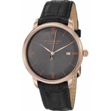 Stuhrling Original 307L.334569 Mens Swiss Made Kingston Quartz Date Ultra Slim Rose Gold on Black Leather Strap with Grey Dial