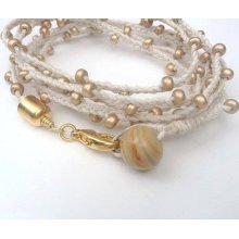 Summer Wrap Bracelet with Cream Cording and Gold Beads