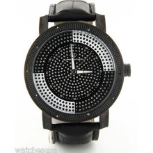 Super Techno's Men's 0.10ct Diamond Black Ip Steel Black Leather Quartz Watch