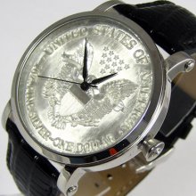 Swiss Croton Us Eagle Dollar Coin Mens Silver Tone Steel Watch Black Leather
