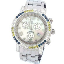 Techno Mania Mother Of Pearl Dial 4.35ct Blue White Yellow Diamond Chrono Watch