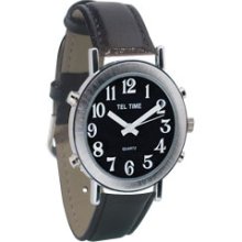 Tel Time Mens Chrome Talking Watch Black Face Leather Band