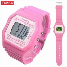 Timex Unisex Jumbo 80 Retro Digital Rubber Pink Strap T2n245 Stopwatch / Alarm