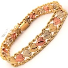 Unique Fancy Design Heart Bracelet Diamond Cut 14k Multi-tone Gold 12.00 Grams