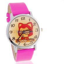 Unisex Cute Cartoon Ali Pattern Analog Watch with PU Leather Strap (Rose Red)