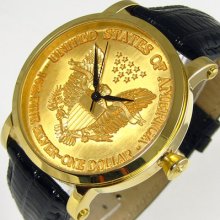 Us Eagle Croton Swiss Dollar Coin Mens Gold Tone Steel Watch Black Leather
