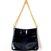 Vintage 1960's Black Patent Leather with Gold Chain Strap Purse - A Coblentz Original - Perma Plastic Trademark