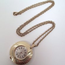Vintage 1967 Timex Wind Up Pendant Retro Style Women's Watch in Gold Tone with 24 Inch Goldtone Chain Roman Numerals