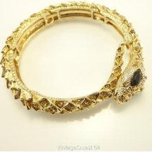 Vintage Amber Black Rhinestone Navette Snake Bracelet Gold Tone (ba568)