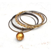 Vintage Assemblage Gold Tone Bangle Bracelets with Vintage Gold and Rhinestone Earring Charm