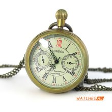 Vintage Bronzed Roman No. Quartz Open-face Pocket Watch With Necklace Chain Gift