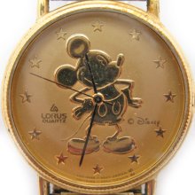VINTAGE LORUS DISNEY MICKEY MOUSE GOLD COIN 3D Embossed Unisex Wristwatch WATCH - Gold Tone - Gold