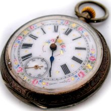 Vintage Old Stuttgart .800 Silver White Porcelain Cylindre 10 Rubis Pocket Watch