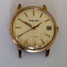 Vintage Rare Poljot 17 J Gold Plated Mechanical Date Soviet 1980's Men's Watch