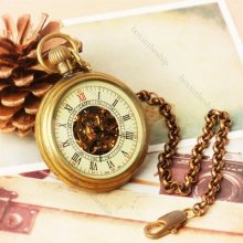 Vintage Red Numerals Pendant Chain Hollow Mechanical Pocket Watch +gift Box 1