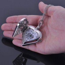Vintage Silver Tone Heart Shaped Antique Style Necklace Lady Pocket Watch Hollow