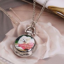 Vintage Silver White Dog Gift Antique Style Quartz Necklace Pocket Watch /chain