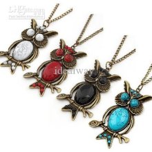 Vintage Style Faux Gem Bronze On Branch Owl Pendant Necklace 12pcs/l