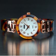 Vintage Women Ladies White Shell Dial Flexible Cuff Bracelet Bangle Wrist Watch