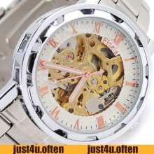 Vogue White Dial Mens Gold Skeleton S-steel Auto Mechanical Wrist Watch Gift
