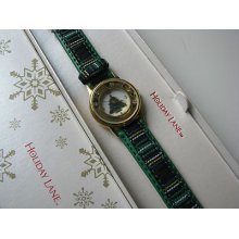 Vtg Gold Tone Metal Sm Face Christmas Tree Holiday Lane Green Band Womens Watch