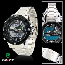 Weide Mens White Letters Stainless Steel Digital Quartz Fashion Wrist Watch