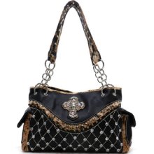 Western Animal Print Leopard Trim Cross Sign Rhinestones Handbag Purse - Black