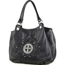 Western Style Flower Design Cross Fashion Hobo Handbag Purse Black