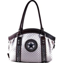 Western Style Star Studded Rhinestone Checkered Satchel Handbag Bag Purse Tan