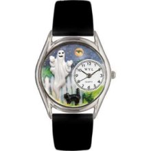 Whimsical Womens Halloween Ghost Black Leather Watch, New